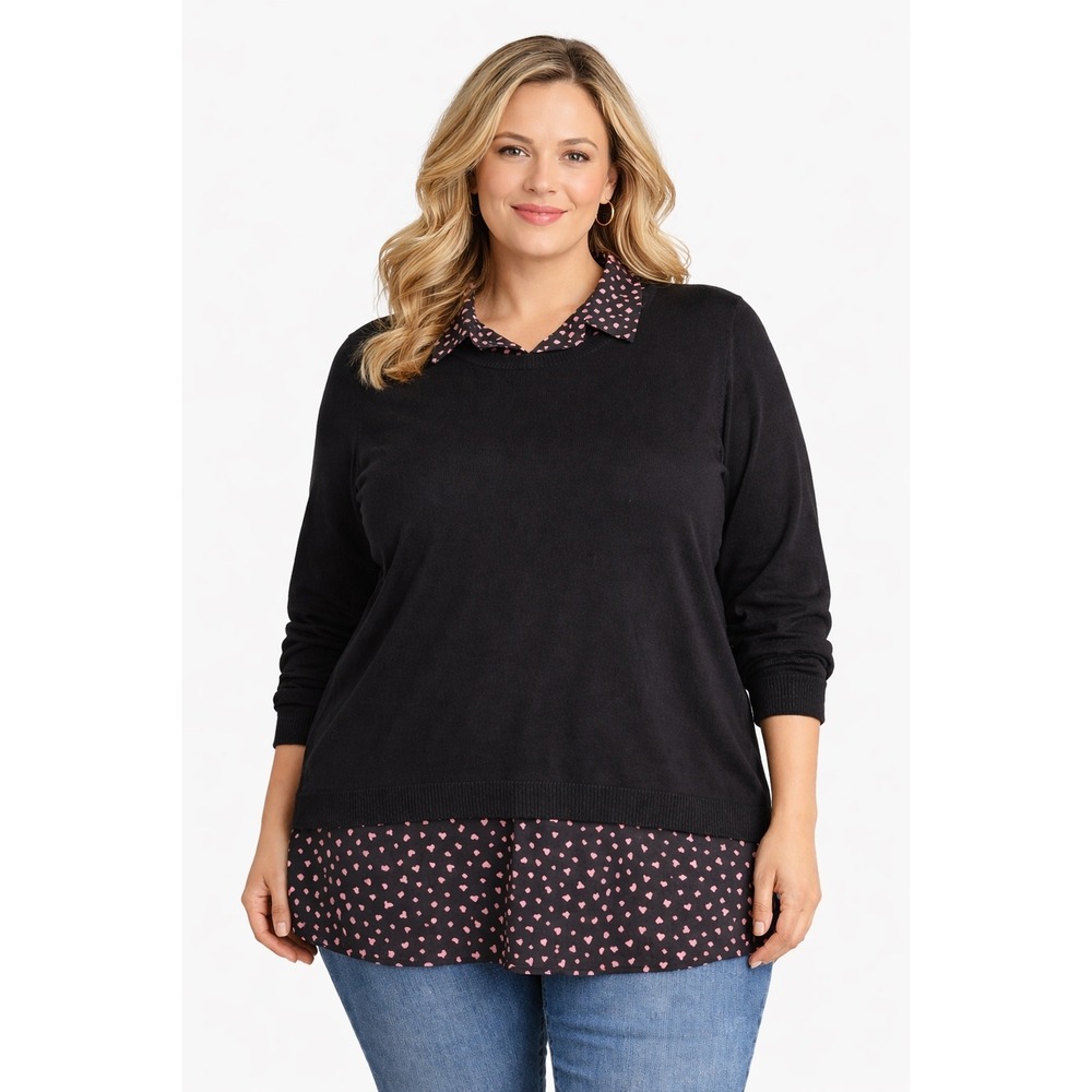 Adrianna Papell Black Heart Print‎ Layered Collar Sweater Top XL